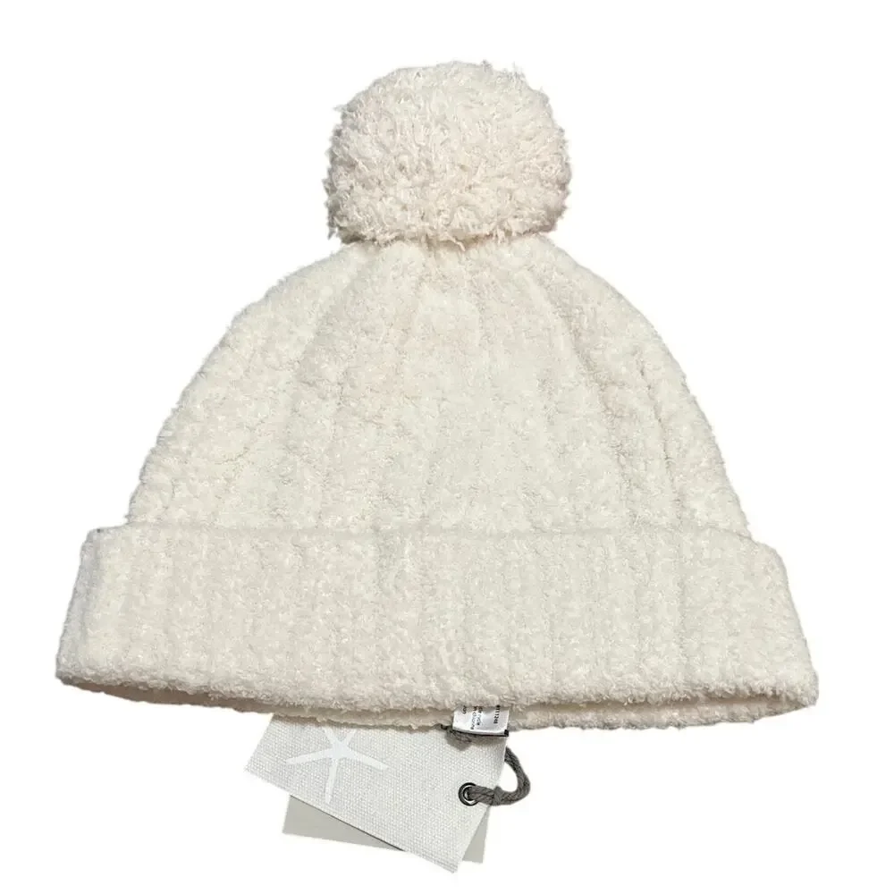 Barefoot Dreams CozyChic Cable Beanie Hat Pom Pom Cream White Womens One Size